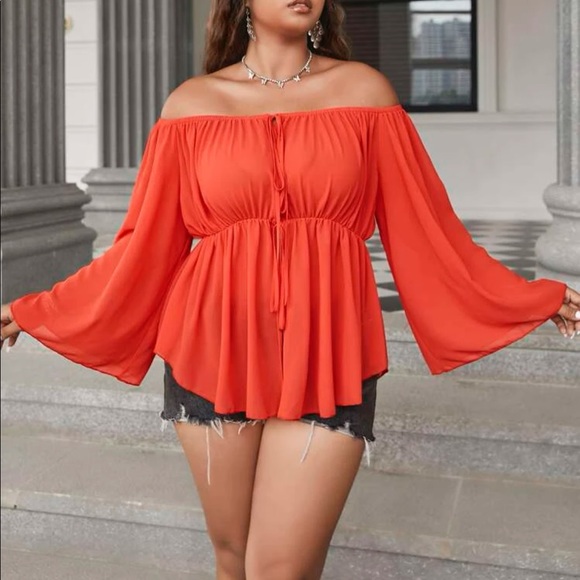 Boho Plus Size Off Shoulder Sheer Open Front Self tie Top Blouse Vibrant Orange - Picture 2 of 10